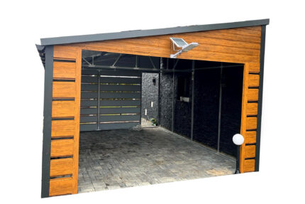 Wiata garażowa 4x6 Spad na lewy bok Drewnopodobny BTX Złoty dąb Panele ażurowe