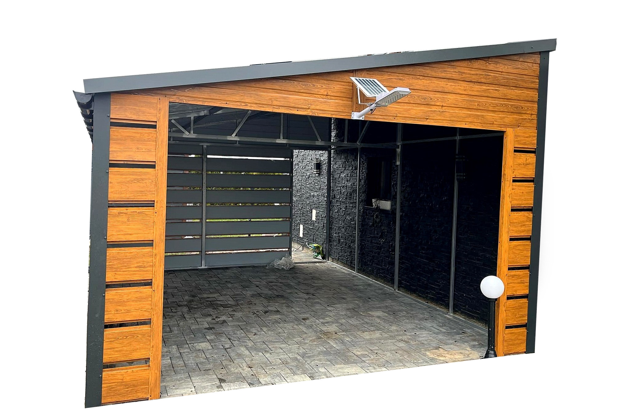 Wiata garażowa 4x6 Spad na lewy bok Drewnopodobny BTX Złoty dąb Panele ażurowe Wiata garażowa 4x6 Spad na lewy bok Drewnopodobny BTX Złoty dąb Panele ażurowe